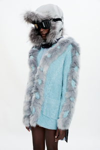 Faux Fur Woven Patchwork V-Neck Knit Cardigan