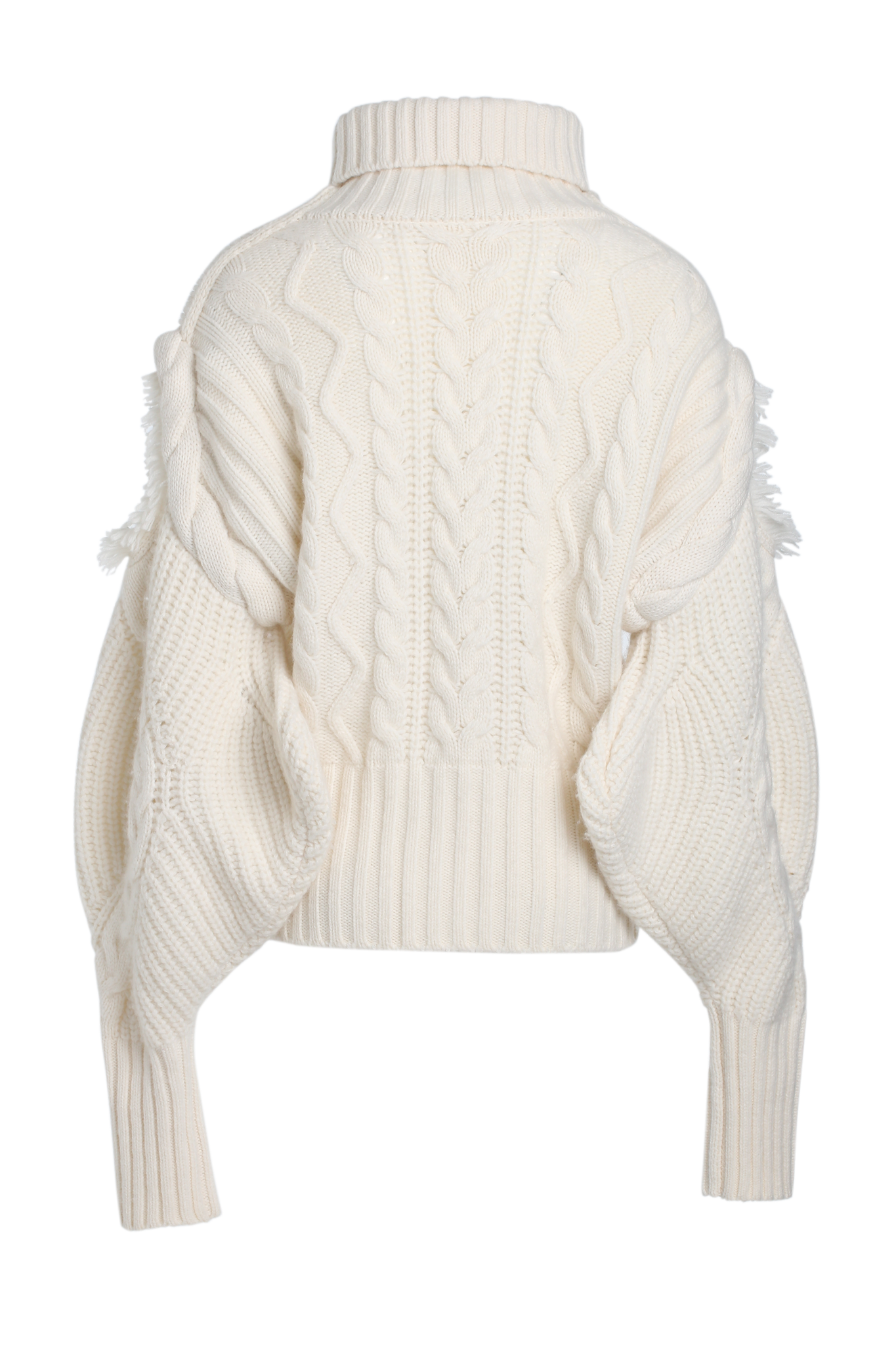Sleeve Cutout Fringe High Neck Knit Sweater