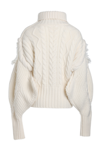 Sleeve Cutout Fringe High Neck Knit Sweater